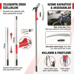 WORKPRO WP333006 270cm 2 IN 1 Teleskobik Saplı Profesyonel Ağaç Budama Testeresi ve 25mm Dal Budama Makası
