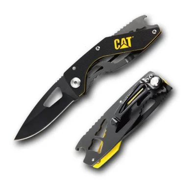 CAT DA980267 Kemer Askı Kancalı Şişe Açacaklı Katlanabilir 16CM Paslanmaz Çelik Siyah Kamp Çakısı