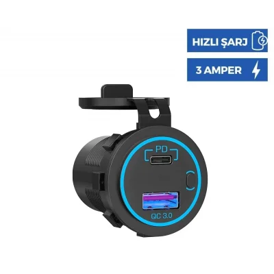 SUGA 12V/24V LED’li USB-A + Type-C 18W Hızlı Şarj Soketi
