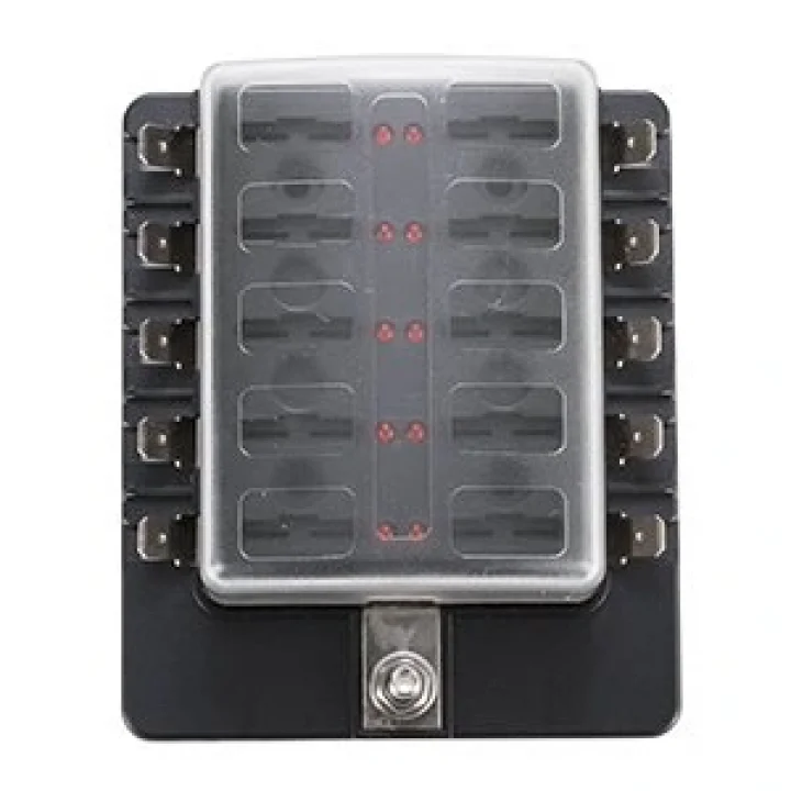 10 Kanallı İkaz Işıklı Bıçak Sigorta Kutusu - Şeffaf Kapaklı | 12V 24V