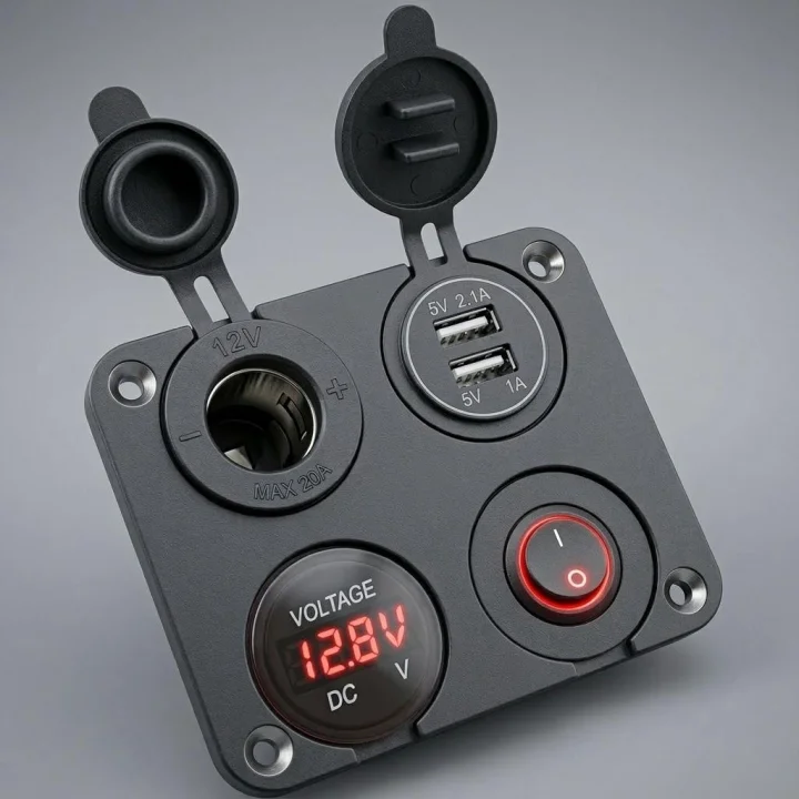 4lü Marin Şarj Paneli - Çift USB Soket, 12V Çakmaklık, Voltmetre ve Işıklı Düğme
