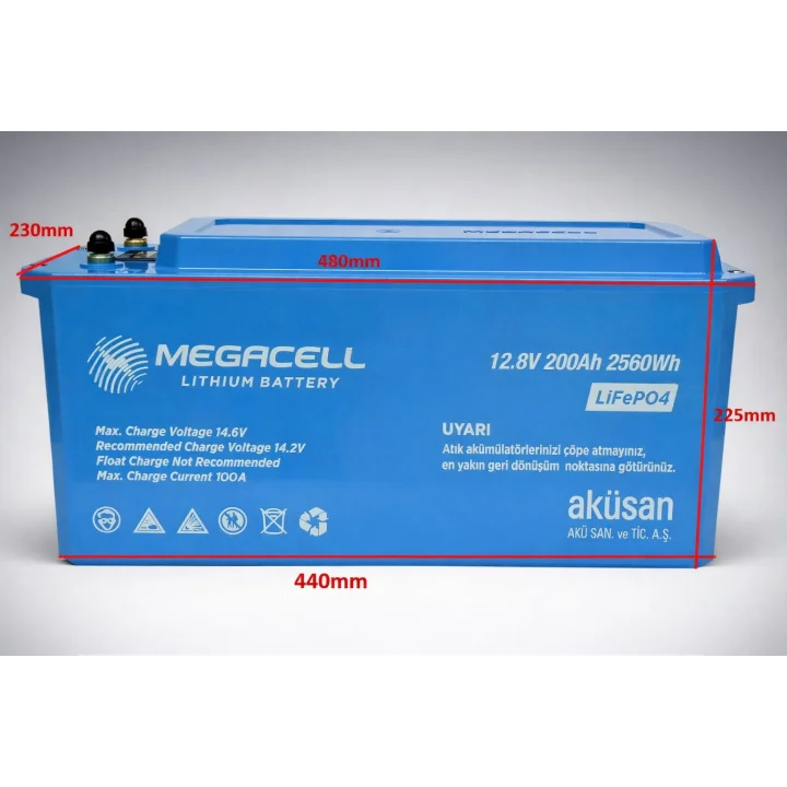 Megacell 12.8V 200Ah (Bluetooth) LiFePO4 Lityum Demir Fosfat Akü(ABS Kasa)