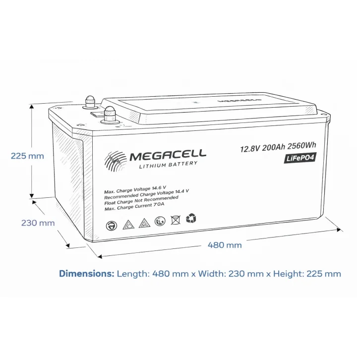 Megacell 12.8V 200Ah (Bluetooth) LiFePO4 Lityum Demir Fosfat Akü(ABS Kasa)