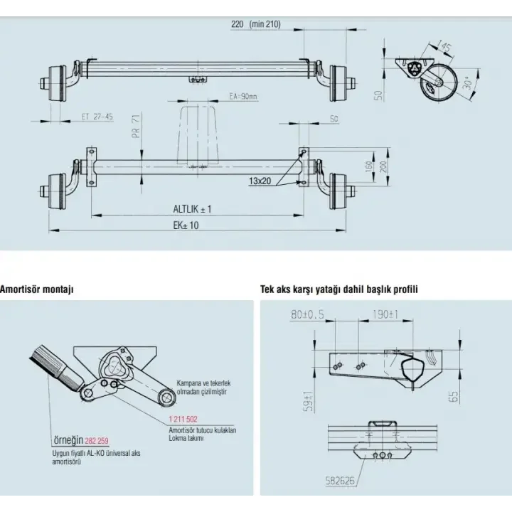 AL-KO 1000Kg 1400mm Frenli Torsiyonlu Aks Dingil Seti