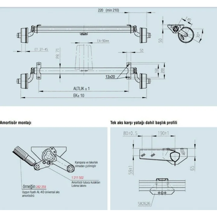 Al-Ko 750Kg 4x100 1400mm Torsiyonlu Frenli Dingil
