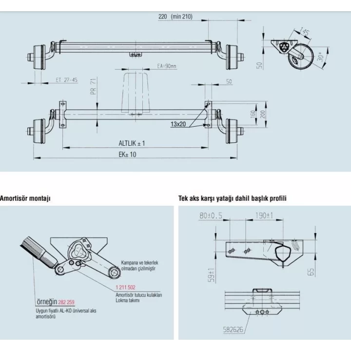 AL-KO B850-10 1000Kg 1400mm Torsiyonlu Frenli Aks Dingil