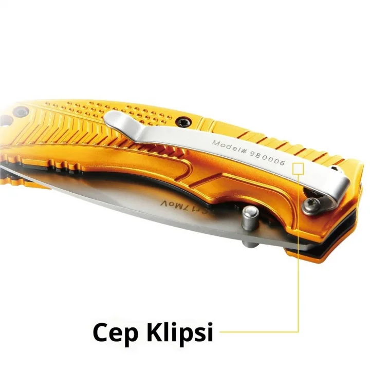 CAT DA980006 Kemer Askı Kancalı Katlanabilir 20CM Paslanmaz Çelik Sarı Kamp Çakısı