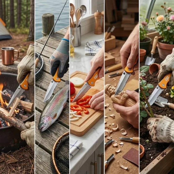 CAT DA980011 Kemer Askı Kancalı Cam Kırma Uçlu Katlanabilir 17CM Paslanmaz Çelik Sarı Kamp Çakısı