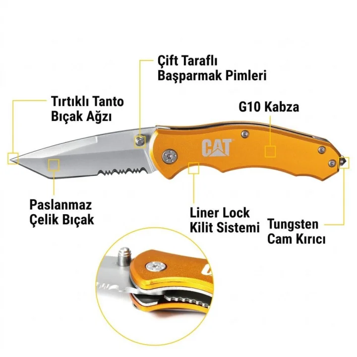 CAT DA980011 Kemer Askı Kancalı Cam Kırma Uçlu Katlanabilir 17CM Paslanmaz Çelik Sarı Kamp Çakısı