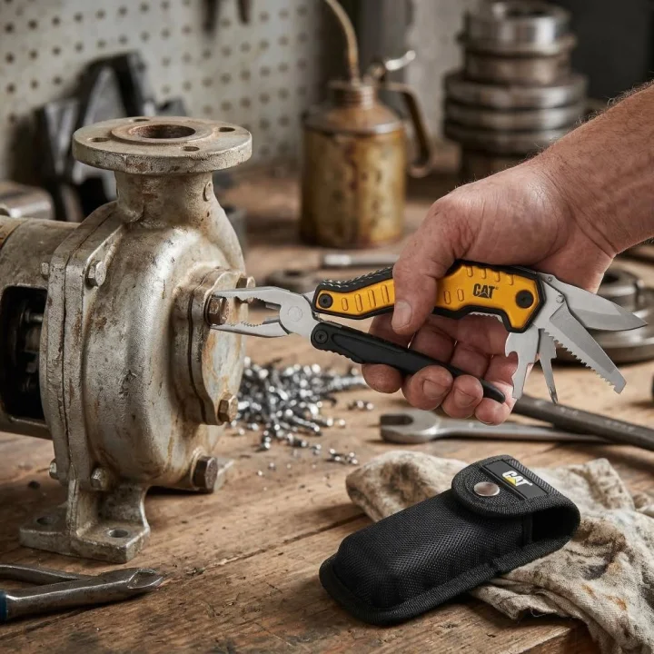 CAT DA980045 9 IN 1 Çok Fonksiyonlu Katlanabilir 27CM Paslanmaz Çelik Sarı Kamp Çakısı Bıçağı + Taşıma Kılıfı