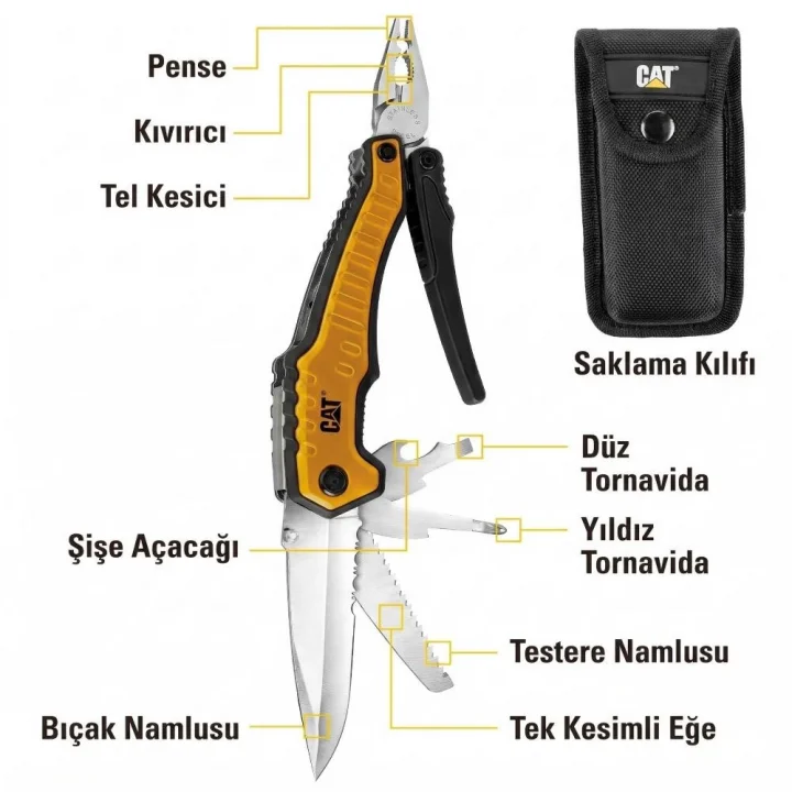 CAT DA980045 9 IN 1 Çok Fonksiyonlu Katlanabilir 27CM Paslanmaz Çelik Sarı Kamp Çakısı Bıçağı + Taşıma Kılıfı
