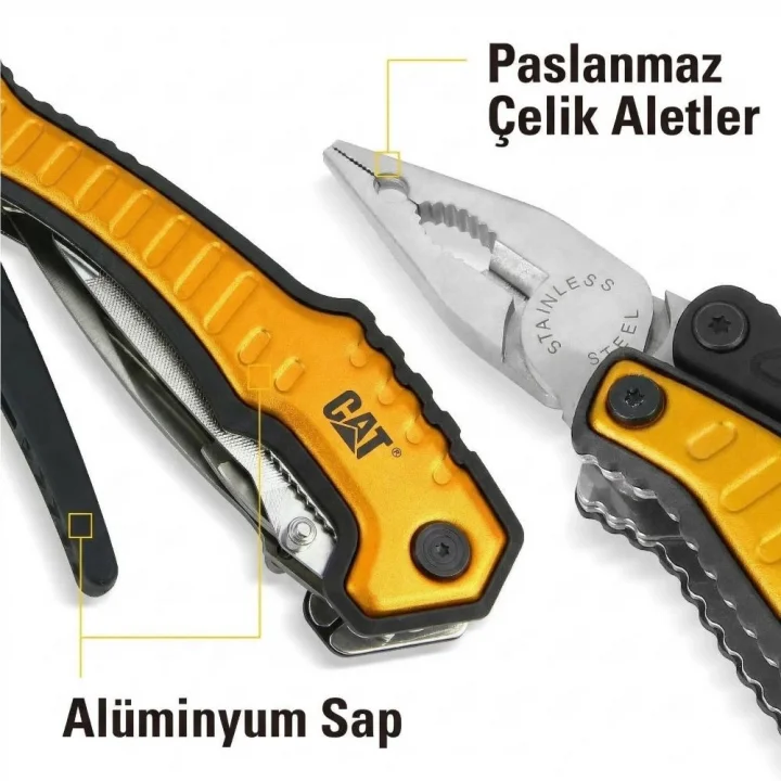 CAT DA980045 9 IN 1 Çok Fonksiyonlu Katlanabilir 27CM Paslanmaz Çelik Sarı Kamp Çakısı Bıçağı + Taşıma Kılıfı