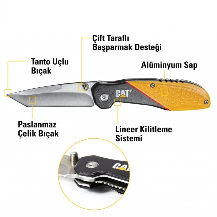 CAT DA980047 Kemer Askı Kancalı Katlanabilir 18CM Paslanmaz Çelik Kamp Çakısı