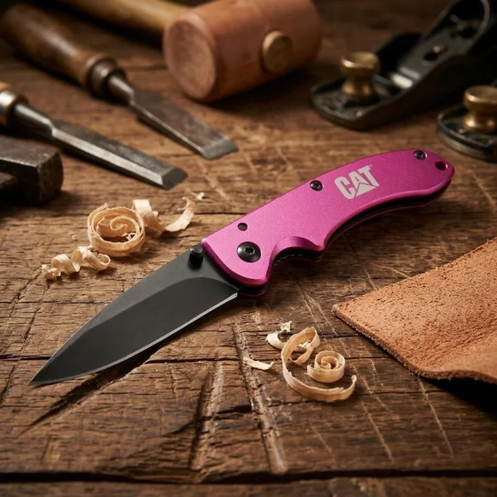 CAT DA980060 Kemer Askı Kancalı Katlanabilir 15CM Paslanmaz Çelik Pembe Kamp Çakısı