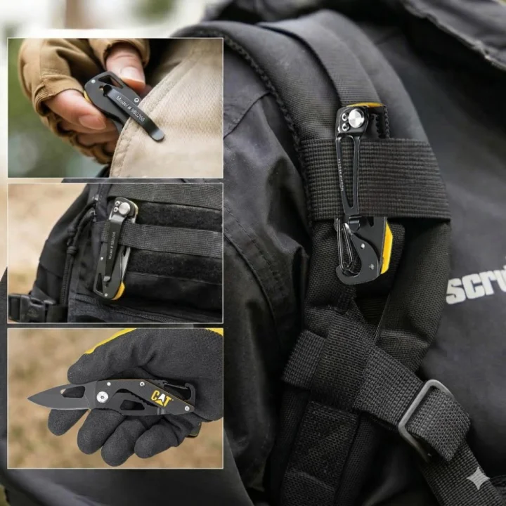 CAT DA980266 Kemer Askı Kancalı Karabinalı Katlanabilir 13CM Paslanmaz Çelik Siyah Kamp Çakısı