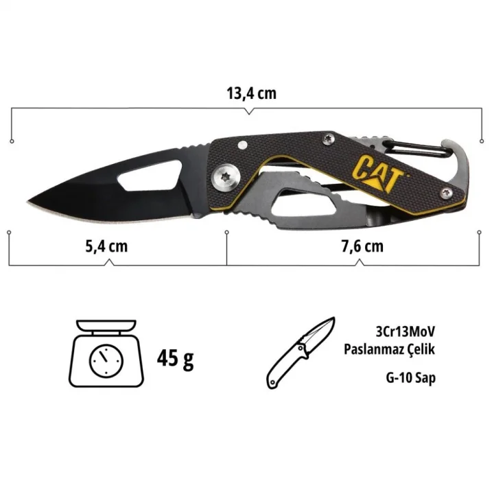 CAT DA980266 Kemer Askı Kancalı Karabinalı Katlanabilir 13CM Paslanmaz Çelik Siyah Kamp Çakısı