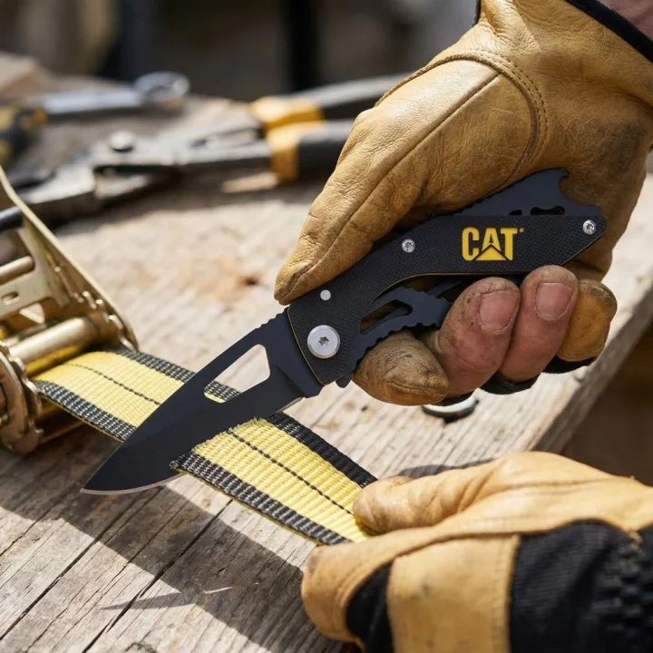 CAT DA980267 Kemer Askı Kancalı Şişe Açacaklı Katlanabilir 16CM Paslanmaz Çelik Siyah Kamp Çakısı