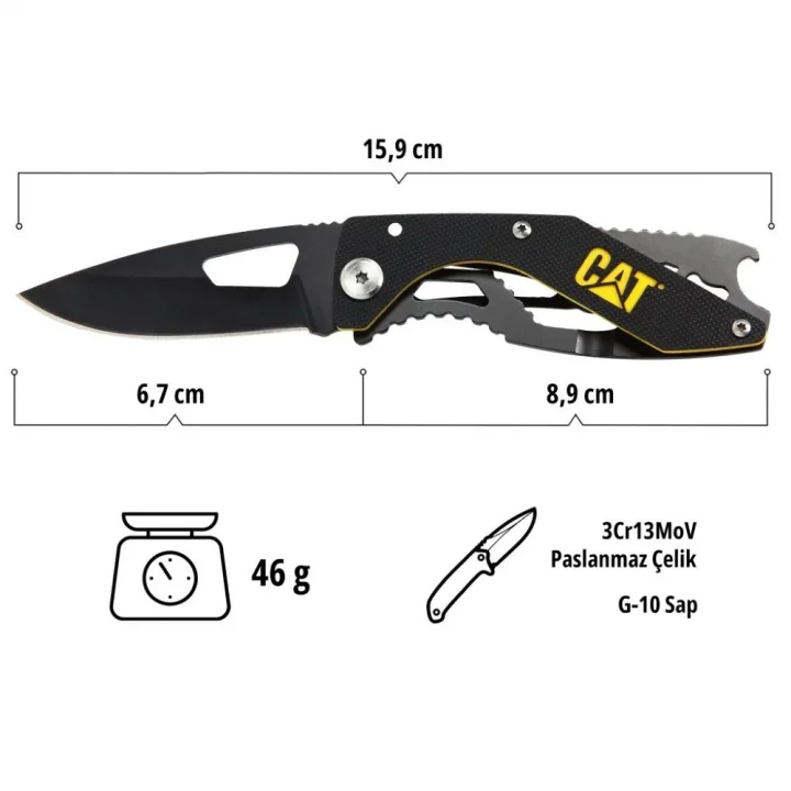 CAT DA980267 Kemer Askı Kancalı Şişe Açacaklı Katlanabilir 16CM Paslanmaz Çelik Siyah Kamp Çakısı
