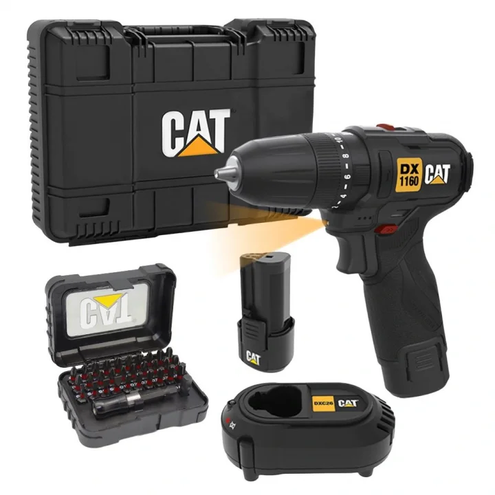 CAT DX1160 12Volt/2.0Ah Li-ion Çift Akülü Kömürsüz Profesyonel Şarjlı Darbeli Matkap + DA01901 32 Parça Aksesuar Seti
