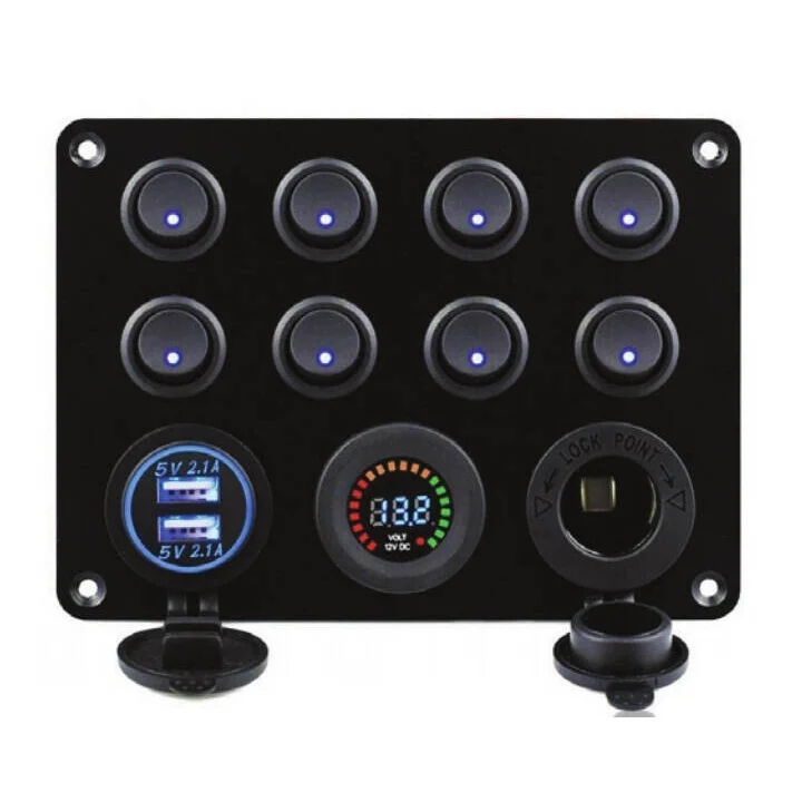 Çok Fonksiyonlu Işıklı Switch Panel - Dijital Voltmetre, USB ve Çakmaklık Soketli (8li Kombi Panel)