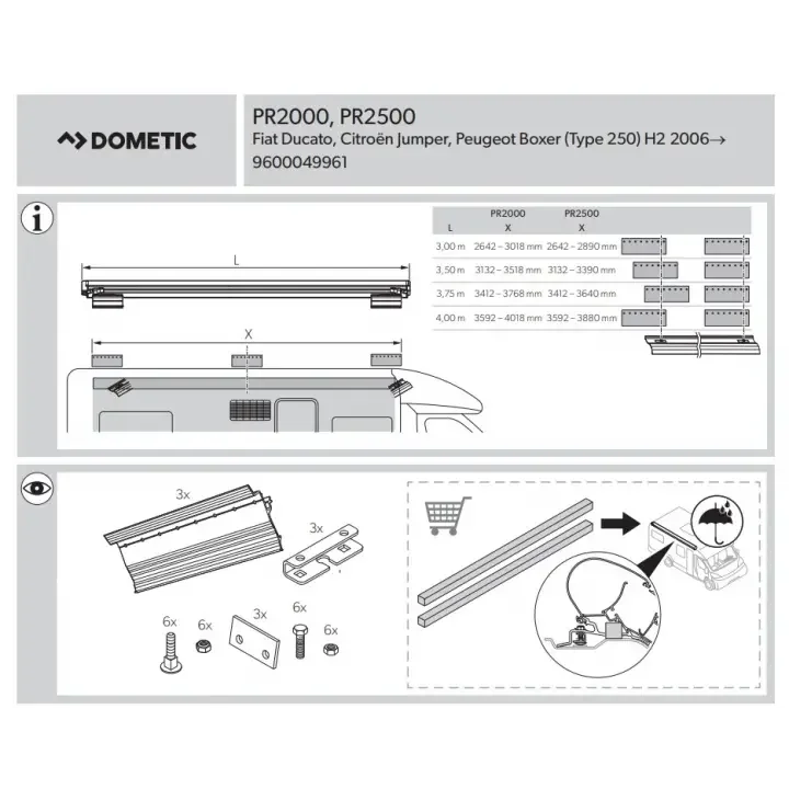 DOMETIC Siyah Duc-Jump-Boxer-Transit 3 Parçalı Montaj Kiti PR2000-2500