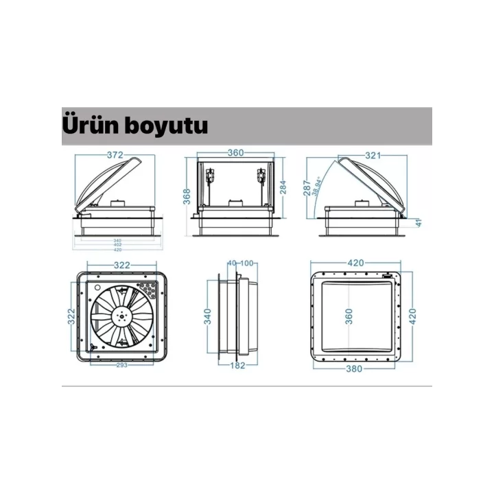 Karavan Tavan Heki 12V 42*42 cm LED Işıklı Çift Yön Fanlı Sineklikli