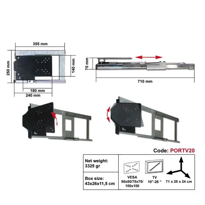GES GESTEK Karavan Bloklu Kayar TV Tutucu 10–26 İnç VESA 100x100 6 Kg
