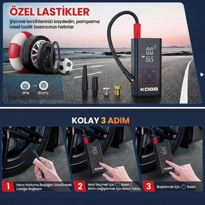 KOBB KB412 Li-ion Şarjlı 150 PSI Dijital Göstergeli Akıllı Lastik Şişirme Pompası+ Powerbank + SOS + Led Lamba