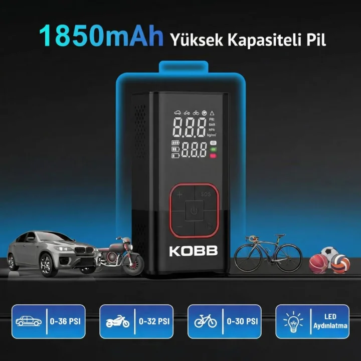 KOBB KB412 Li-ion Şarjlı 150 PSI Dijital Göstergeli Akıllı Lastik Şişirme Pompası+ Powerbank + SOS + Led Lamba