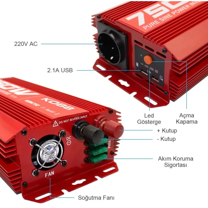 KOBB KBN750 12V/220V 750Watt Tam Sinüs Dönüştürücü İnvertör
