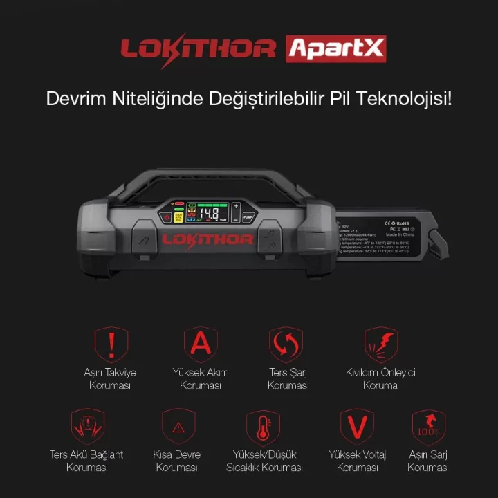 Lokithor APARTX2500 12V 2500Amp LiFePO4 Akıllı Akü Takviye + Pompa + Powerbank + Led Lamba