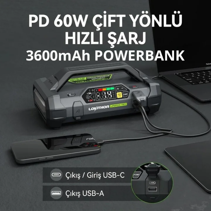 Lokithor JA3000PRO 12V 3000Amp LiFePO4 Akıllı Akü Takviye + Pompa + Powerbank + Led Lamba