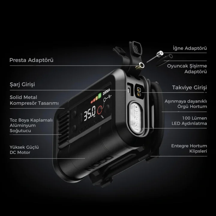 NOCO AX65 12V Lityum 2000Amp Akıllı Akü Takviye + Pompa + Powerbank + Led Lamba