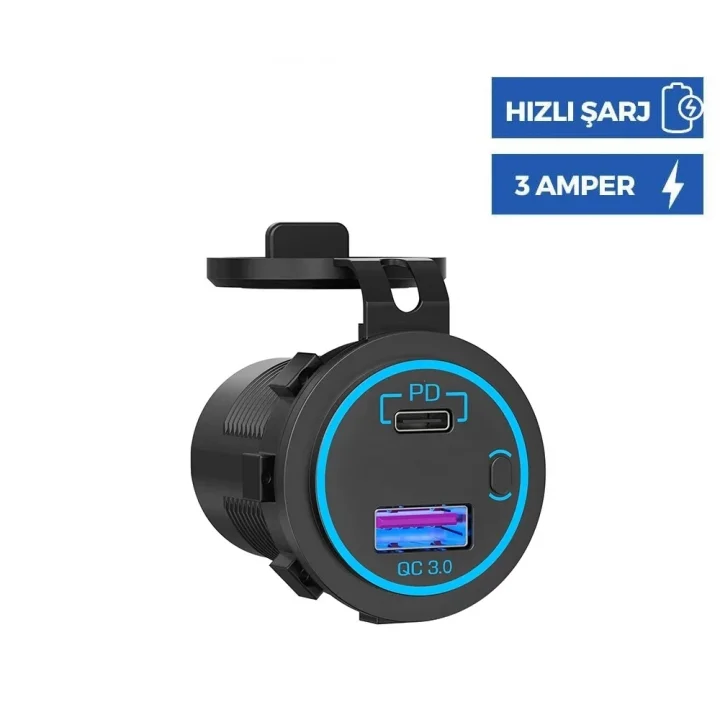 SUGA 12V/24V LED’li USB-A + Type-C 18W Hızlı Şarj Soketi