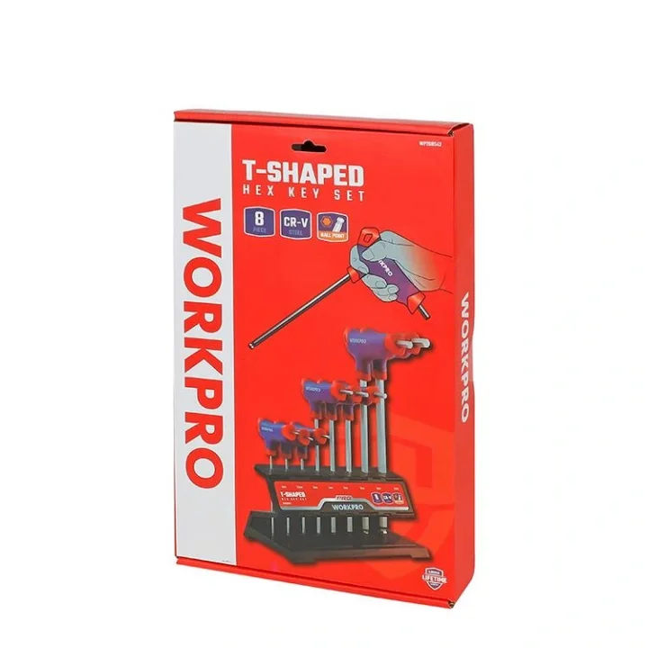 WORKPRO WP200542 8 Parça CR-V Top Başlı T Tipi Uzun Profesyonel Allen Anahtar Takımı