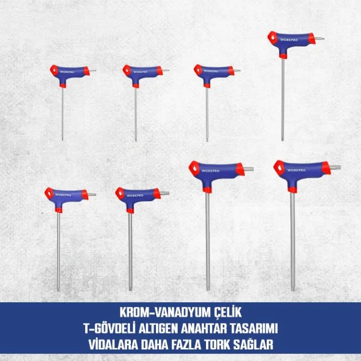 WORKPRO WP200543 8 Parça CR-V T Tipi Uzun Delikli Torx Profesyonel Allen Anahtar Takımı