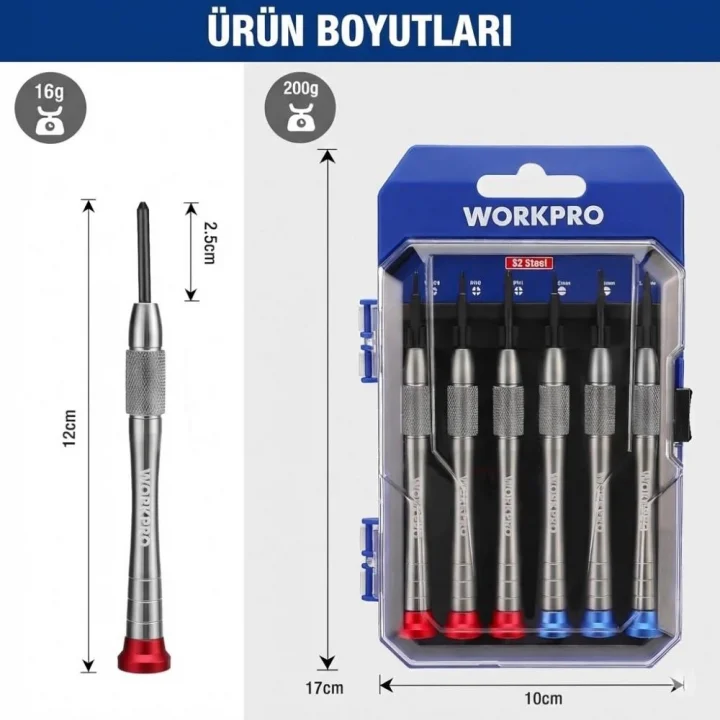 WORKPRO WP200549 6 Parça Profesyonel S2 Manyetik Saatçi Tornavida Seti