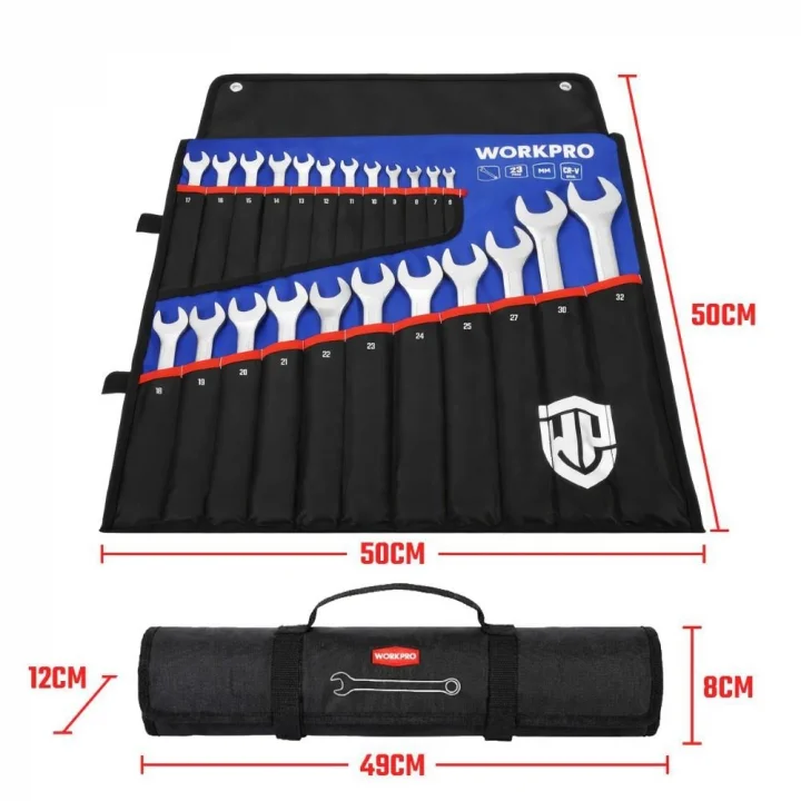 WORKPRO WP202504 6-32mm 23 Parça CR-V Profesyonel Kombine Anahtar Takımı + Bez Taşıma Kılıfı