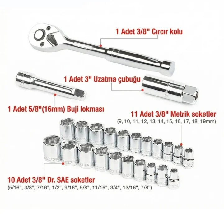 WORKPRO WP202541 3/8’ CR-V 24 Parça Metrik/İnç Ağır Hizmet Lokma Takımı