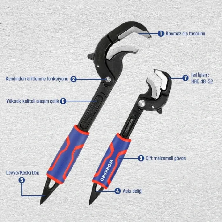 WORKPRO WP202574 2 Parça Otomatik Kilitlemeli Çok Fonksiyonlu Profesyonel Boru Anahtarı/ Levye Seti