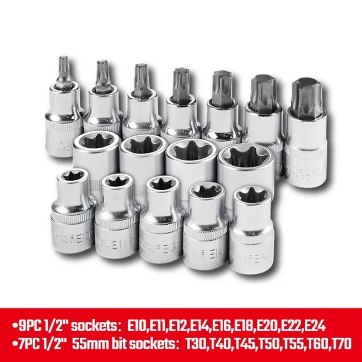 WORKPRO WP202596 1/2’ CR-V 16 Parça Ağır Hizmet Torx Lokma Soketi / Ucu