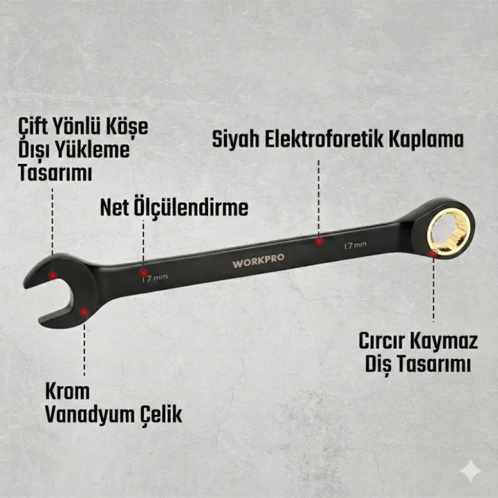 WORKPRO WP202602 8-19mm 9 Parça CR-V Profesyonel Cırcır Kombine Anahtar Takımı + Bez Taşıma Kılıfı