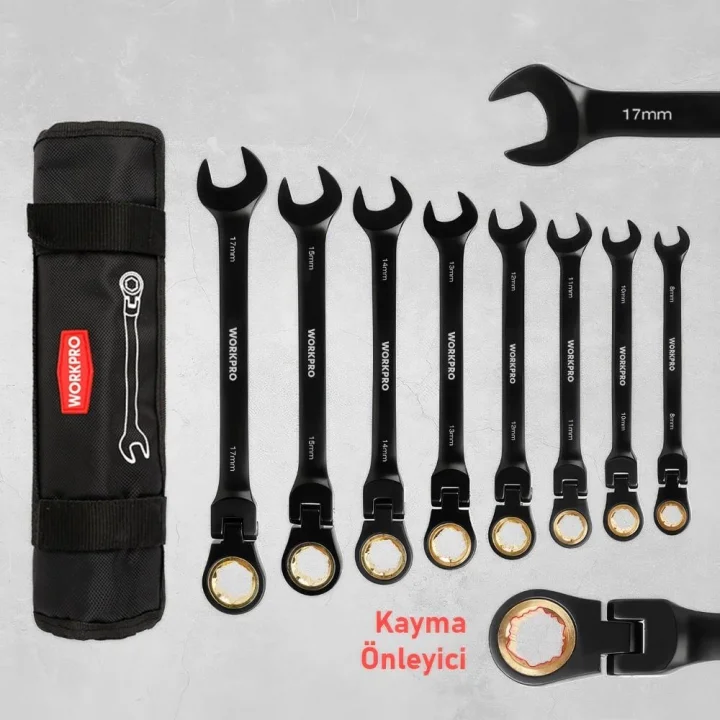 WORKPRO WP202603 8-17mm 8 Parça CR-V Profesyonel Mafsallı Cırcır Kombine Anahtar Takımı + Bez Taşıma Kılıfı