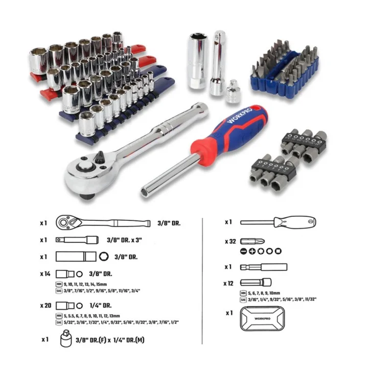 WORKPRO WP209006 84 Parça 3/8’’ 1/4’’ CR-V Metrik/İnç Profesyonel Lokma ve Bits Uç Takımı