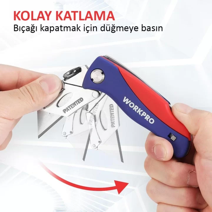 WORKPRO WP211006 Ağır Hizmet Paslanmaz Çelik Gövde Katlanır Rötuş Maket Bıçağı + 6 Adet Yedek Bıçak