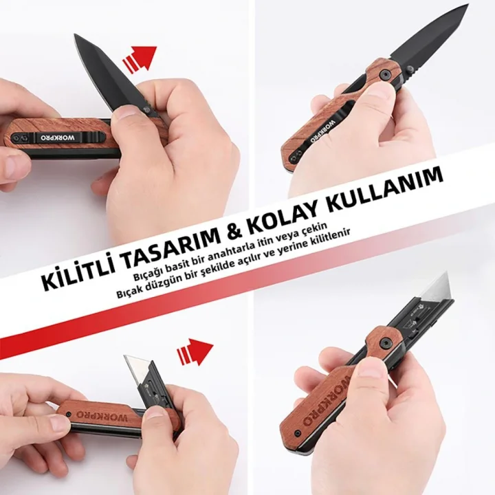 WORKPRO WP211015 2-IN-1 Ahşap Saplı Profesyonel Cep Çakısı & Katlanır Rötuş Maket Bıçağı + 11 Adet Yedek Bıçak