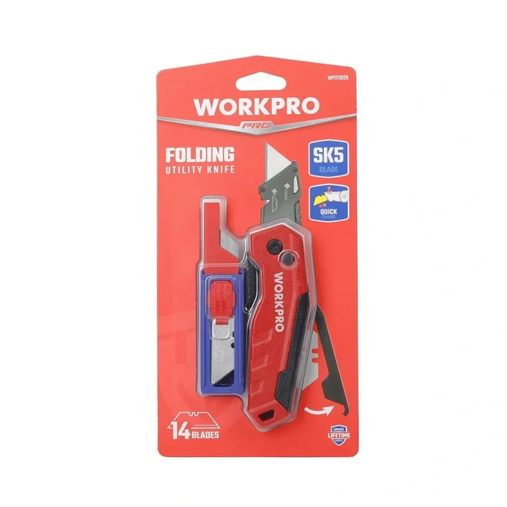 WORKPRO WP211026 Katlanır Çok Amaçlı Profesyonel Rötuş Maket Bıçağı + 14 Adet Yedek Bıçak
