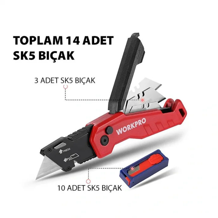 WORKPRO WP211026 Katlanır Çok Amaçlı Profesyonel Rötuş Maket Bıçağı + 14 Adet Yedek Bıçak