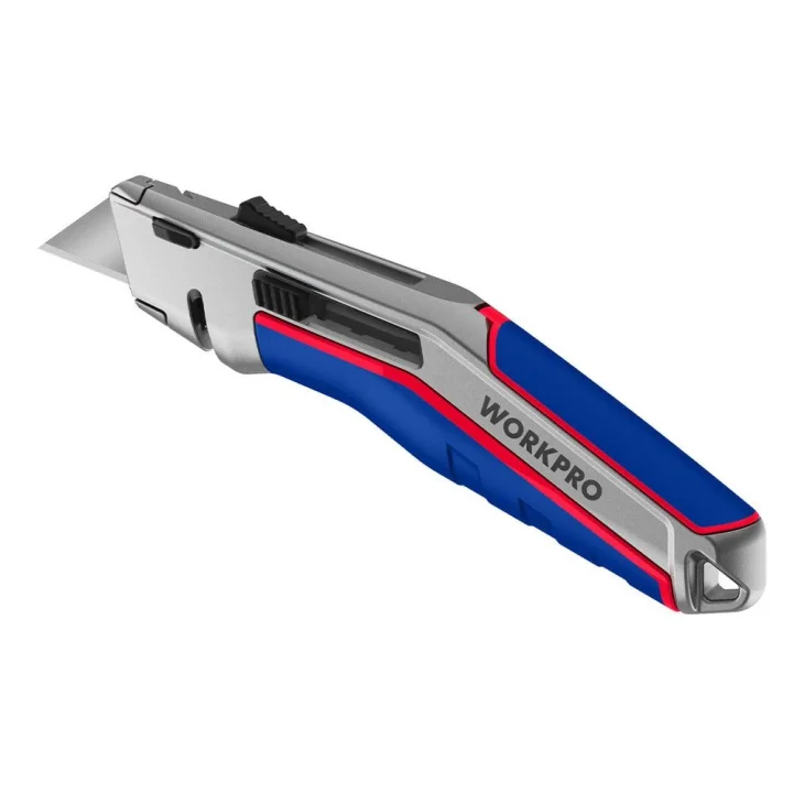 WORKPRO WP213015 Ağır Hizmet Alüminyum Gövde Otomatik Geri Çekilebilir Rötuş Maket Bıçağı + 5 Adet Yedek Bıçak