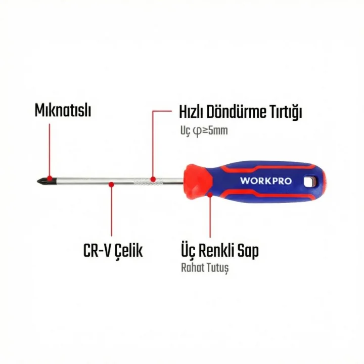 WORKPRO WP221036 PZ1x100mm CR-V Manyetik Profesyonel Yıldız Tornavida